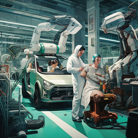 Automation of the car in the factory. 3d rendering.の素材