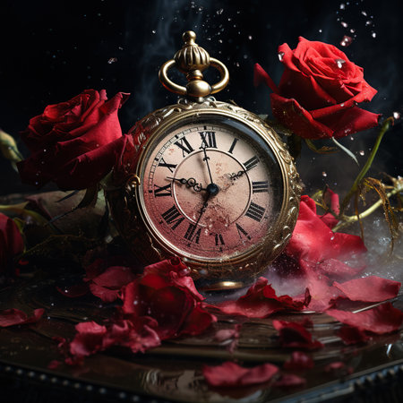Vintage pocket watch and red roses on dark background. Time conceptの素材