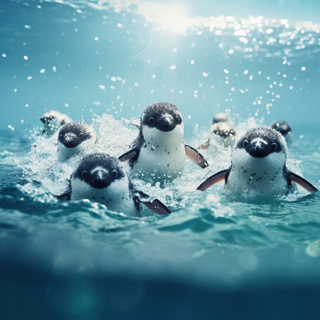 Group of penguins swimming in the ocean. Shallow depth of fieldの素材
