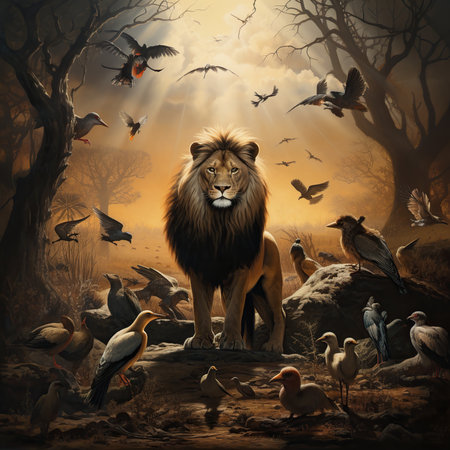 Lion with a flock of birds in the background. Illustrationの素材