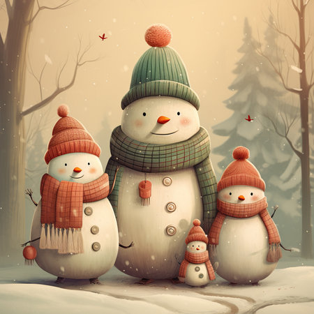 Happy snowman family in winter forest. Christmas and New Year concept.の素材