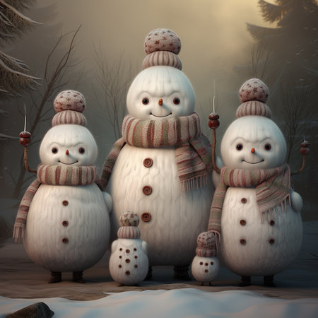 snowman family in winter forest - 3d render illustration.の素材