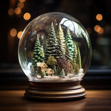 Snow globe with christmas trees and houses inside on wooden table.の素材