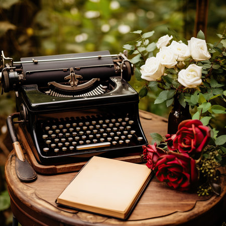 Vintage typewriter with notebook and red roses on a wooden tableの素材