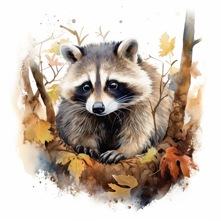 Portrait of a raccoon in autumn forest. Watercolor illustration.の素材