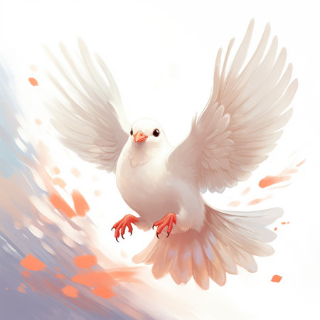 White dove in flight on a white background with splashes of paintの素材