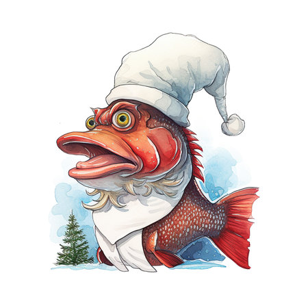 Illustration of a red fish in a chef's hat on a white backgroundの素材