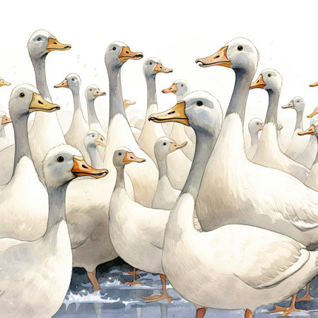 watercolor drawing of a flock of white ducks on a white backgroundの素材