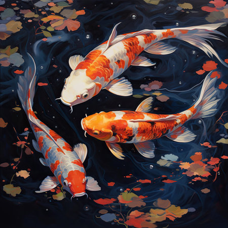 Koi fish in the pond with autumn leaves, watercolor illustrationの素材