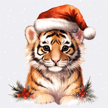 Cute tiger in a red Santa Claus hat. Vector illustration.の素材
