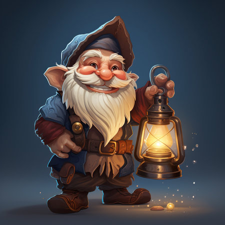 Garden gnome with a lamp on a dark blue background.の素材