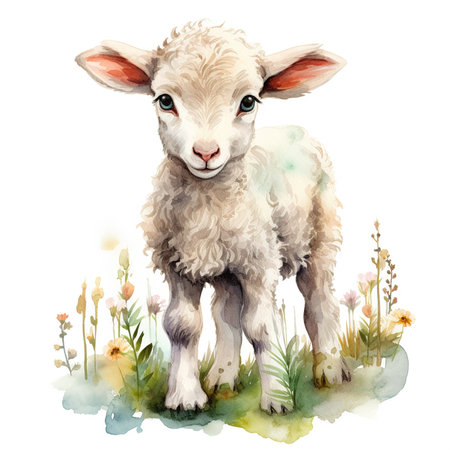 Watercolor image of a cute lamb on a green meadow.の素材