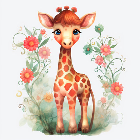 Cute giraffe with flowers and leaves. Watercolor illustration.の素材