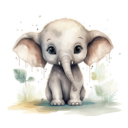 cartoon animal elephant on white background - watercolor illustration for childrenの素材