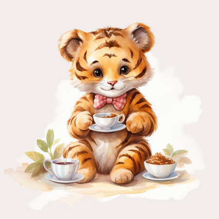 Cute tiger with cups of coffee, watercolor vector illustration.の素材