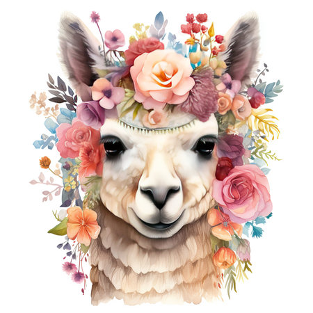 Llama with floral wreath, isolated on white background.の素材