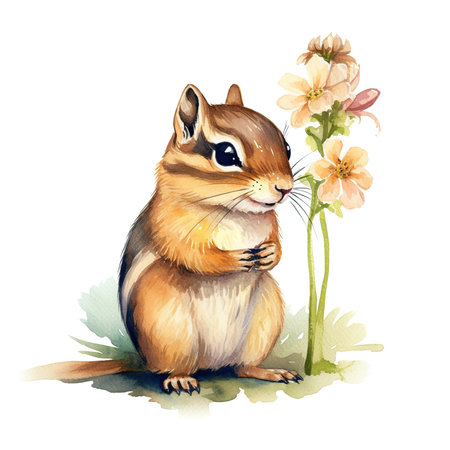 Cute little chipmunk with flowers. Watercolor hand drawn illustrationの素材