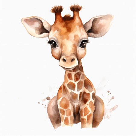 Watercolor portrait of a cute giraffe isolated on white background.の素材