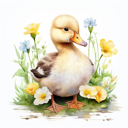 Cute duckling with flowers isolated on white background. Watercolor illustrationの素材