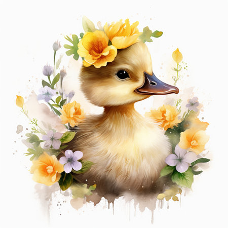 Cute duckling with a wreath of flowers on a white backgroundの素材