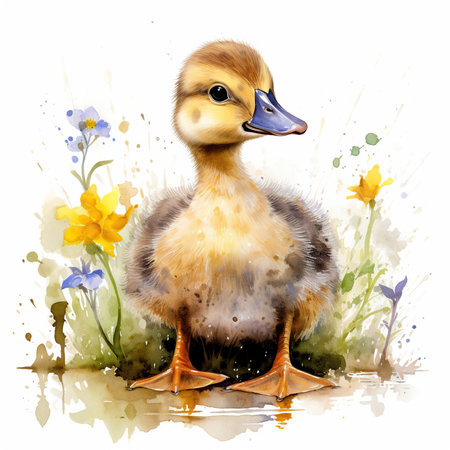 Duckling with flowers, watercolor illustration, isolated on white backgroundの素材