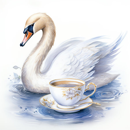 Swan with cup of coffee on white background. Watercolor illustration.の素材