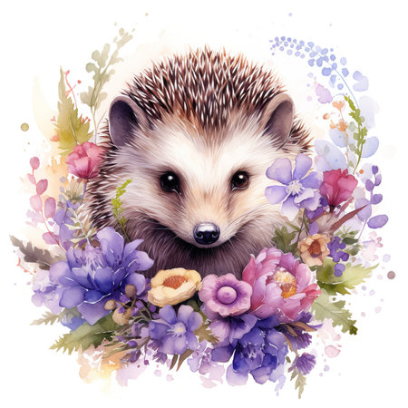 Watercolor hedgehog with flowers. Hand drawn illustration isolated on white background.の素材