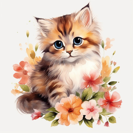 Cute kitten with flowers. Watercolor illustration on white background.の素材