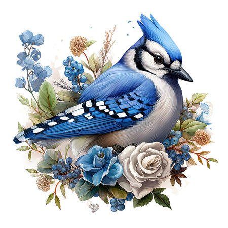 Blue jay bird with floral wreath isolated on white background.の素材