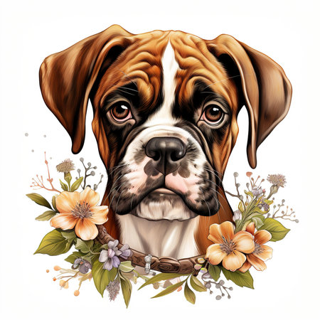 Hand drawn portrait of a boxer dog with flowers. Vector illustration.の素材