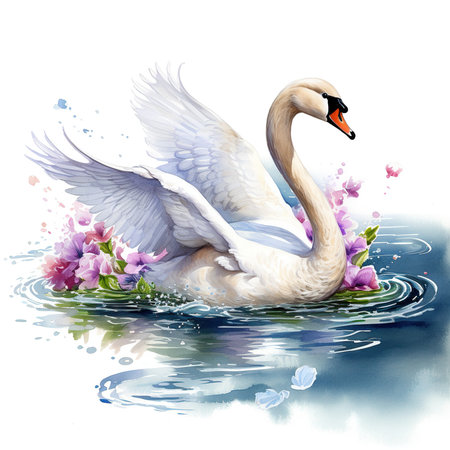 Beautiful swan on the water with flowers. Watercolor illustration.の素材