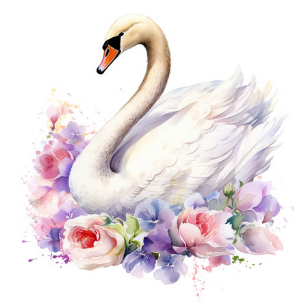 Beautiful watercolor illustration with a swan on a white backgroundの素材