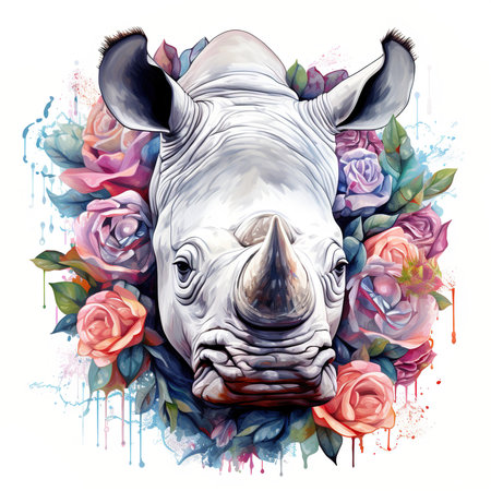White rhinoceros on floral background. Hand drawn vector illustrationの素材