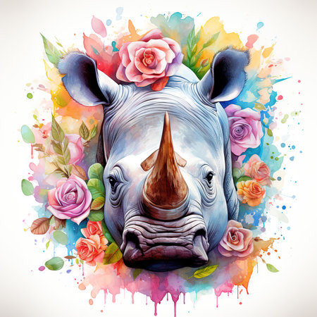 Watercolor rhinoceros with flowers and leaves on white backgroundの素材