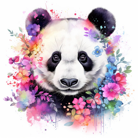 Watercolor illustration of a cute panda with flowers and leaves.の素材