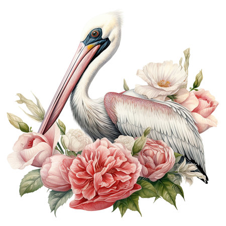 Pelican with peonies and roses. Watercolor illustration.の素材