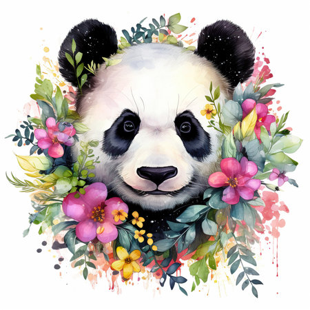 Watercolor illustration of a cute panda with flowers and leaves.の素材