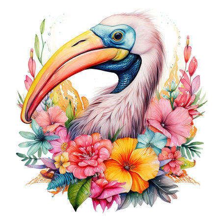 Beautiful vector watercolor illustration of a flamingo with tropical flowersの素材