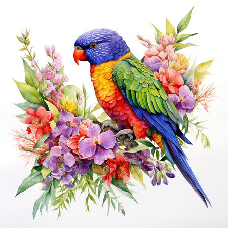 Parrot and flowers isolated on white background. Watercolor illustration.の素材