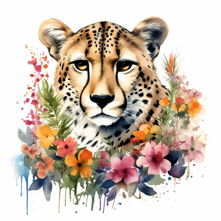 Cheetah with flowers, watercolor illustration, isolated on white backgroundの素材
