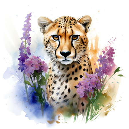 Watercolor illustration of a cheetah with flowers on a white backgroundの素材