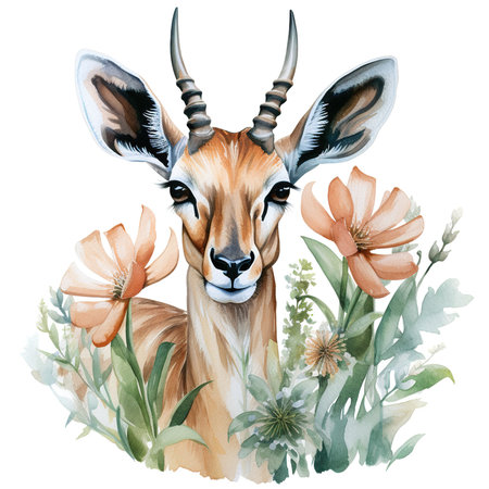 Watercolor wild impala with flowers. Hand drawn illustration isolated on white backgroundの素材