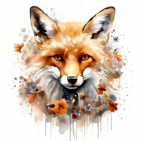 Watercolor portrait of a red fox with flowers on a white backgroundの素材