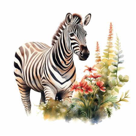 Watercolor illustration of a zebra with flowers. Isolated on white backgroundの素材