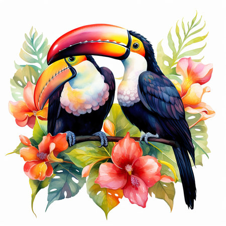 Toucan bird with flowers. Watercolor illustration isolated on white background.の素材