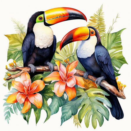 Toucan bird with tropical leaves and flowers. Watercolor illustrationの素材