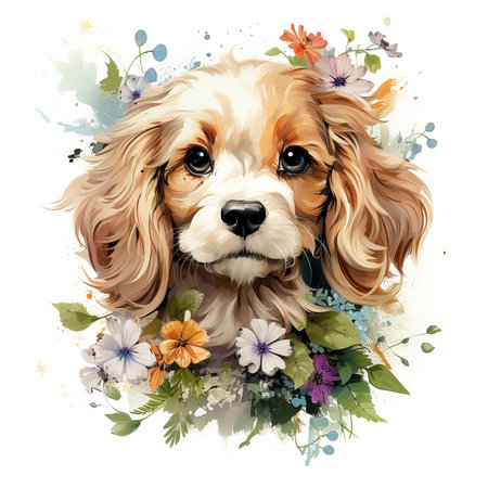 Cavalier King Charles Spaniel with flowers. Watercolor illustrationの素材