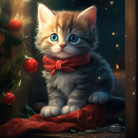 Cute little kitten with a red bow sitting near the Christmas tree.の素材