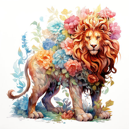 Lion with flowers. Illustration in watercolor style for your designの素材
