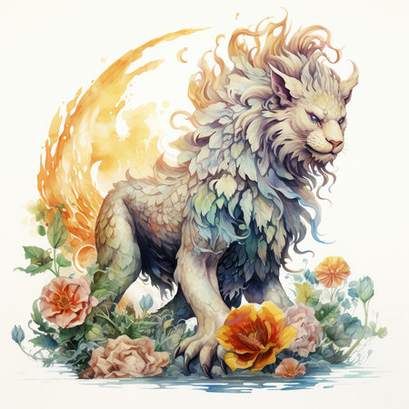 Lion with flowers and moon. Watercolor hand drawn illustration.の素材